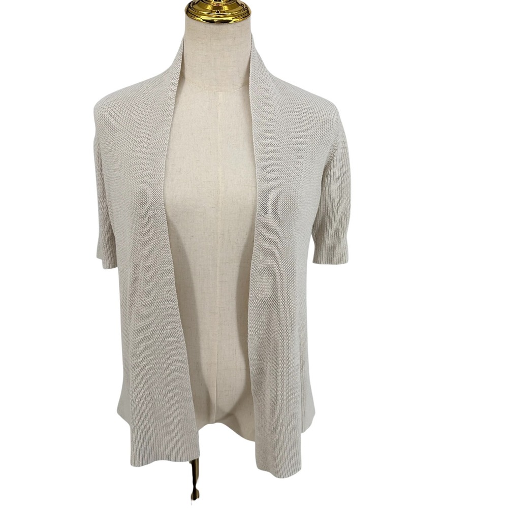 Eileen Fisher Cardigan Womens Petite  Beige Italian Yarn Ribbed Open Front Boho